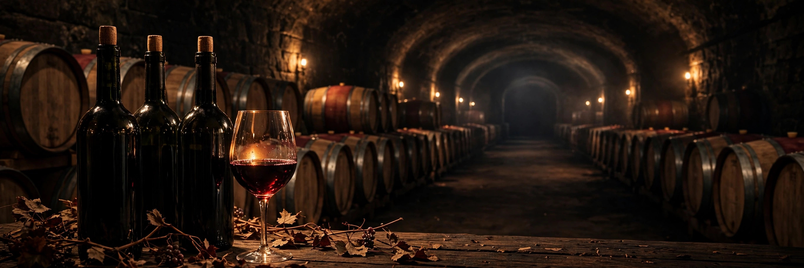 Wine bottles and a glass of red wine in a warmly lit barrel cellar